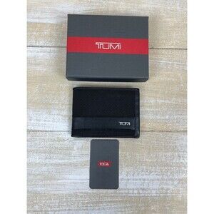 TUMI Alpha Double Bilfold Slim Black Mesh Leather Strip Mens Wallet w/ Box